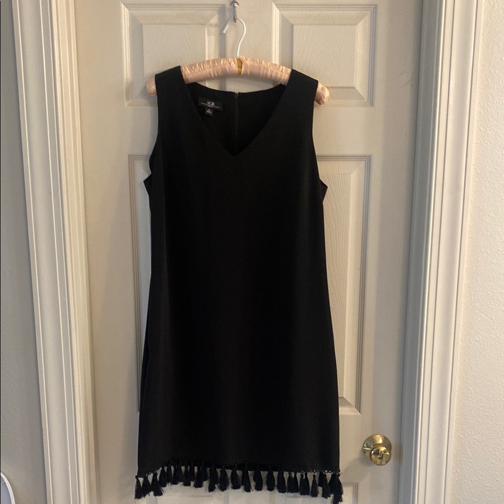 AGB Dress Black Sheath Mini Dress V-Neck Sleeveless with Tassles, size 12